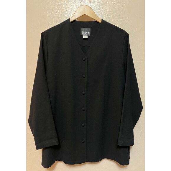 EILEEN FISHER Wool Button Up Jacket Cardigan Black Minimalist Lagenlook Womens L - Picture 1 of 12